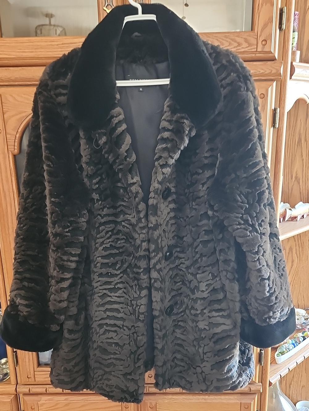 Plush Faux Fur Teddy Coat in Dark Brown with Velvet Trim